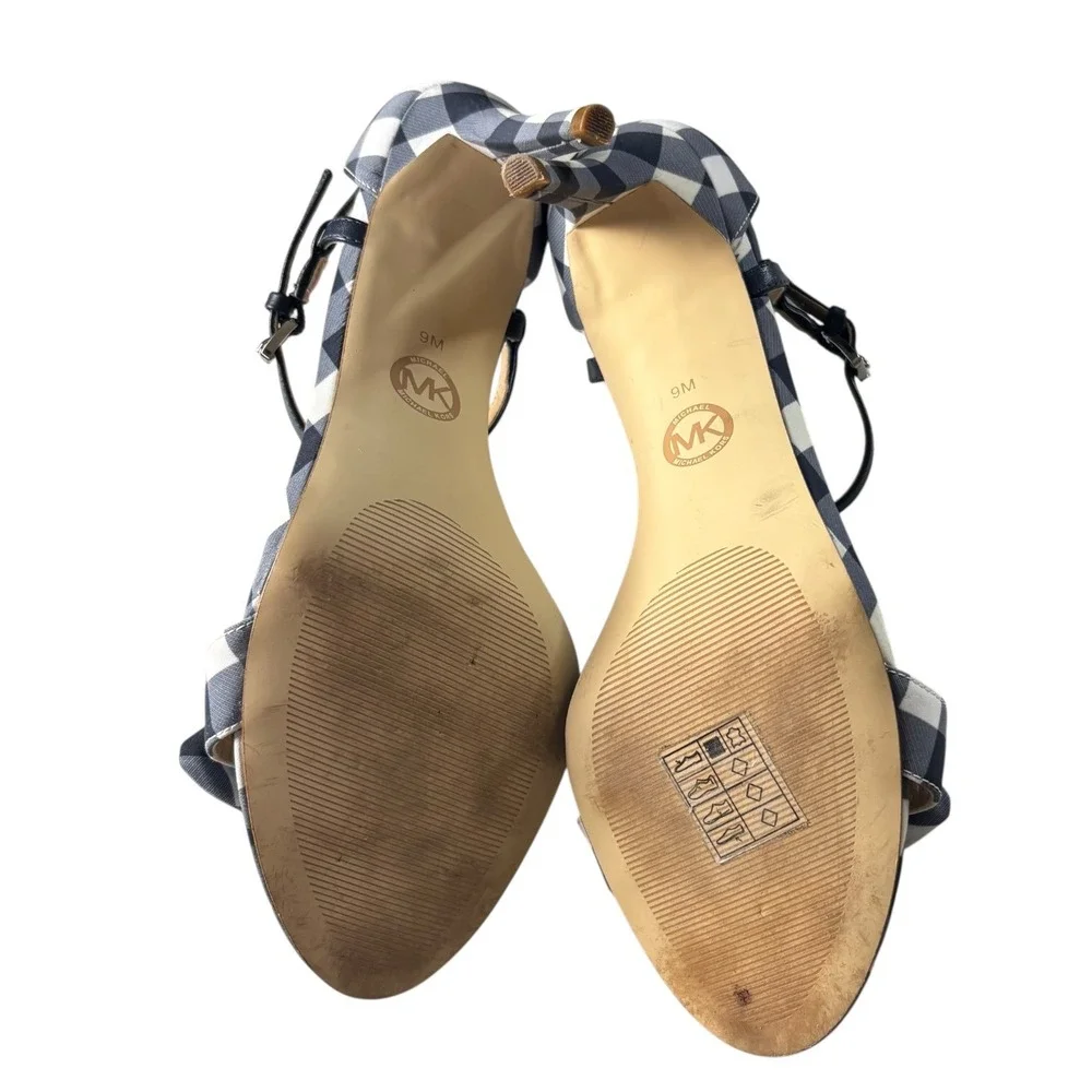Michael Kors Pippa Sandals Women 9M Admiral Blue White Gingham Bow Stiletto Heel